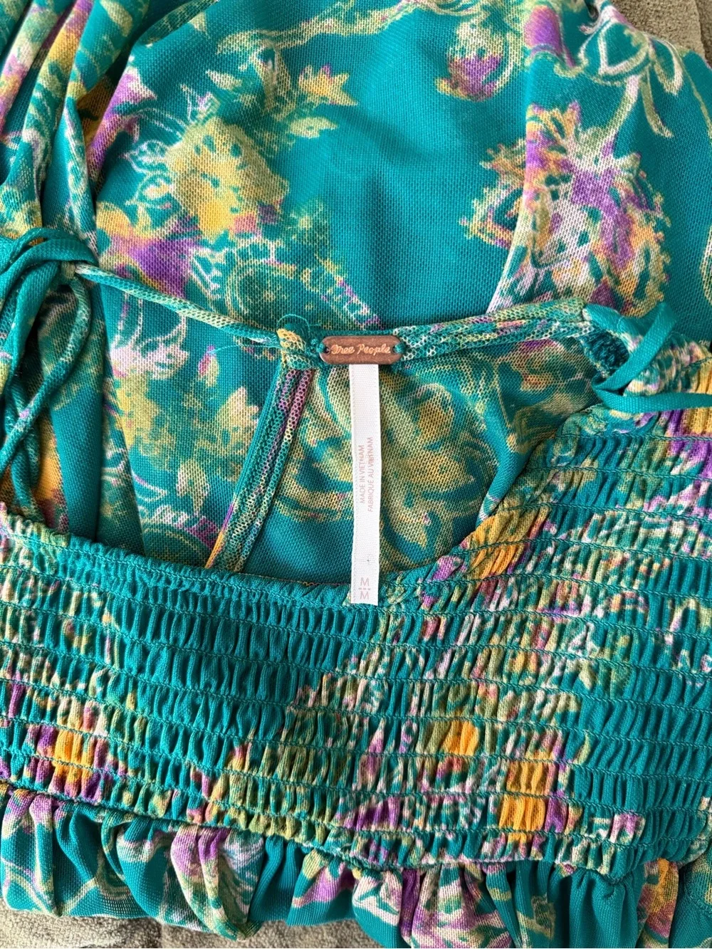 Free People Teal Floral Smocked Yoke Blouse